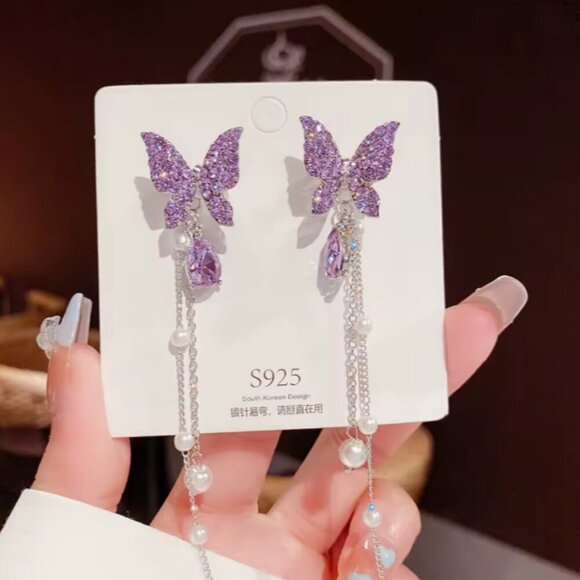 Cute Korean Style Faux Pearl Purple Butterfly Tassel Long Drop Earrings 2.5" - Picture 1 of 4